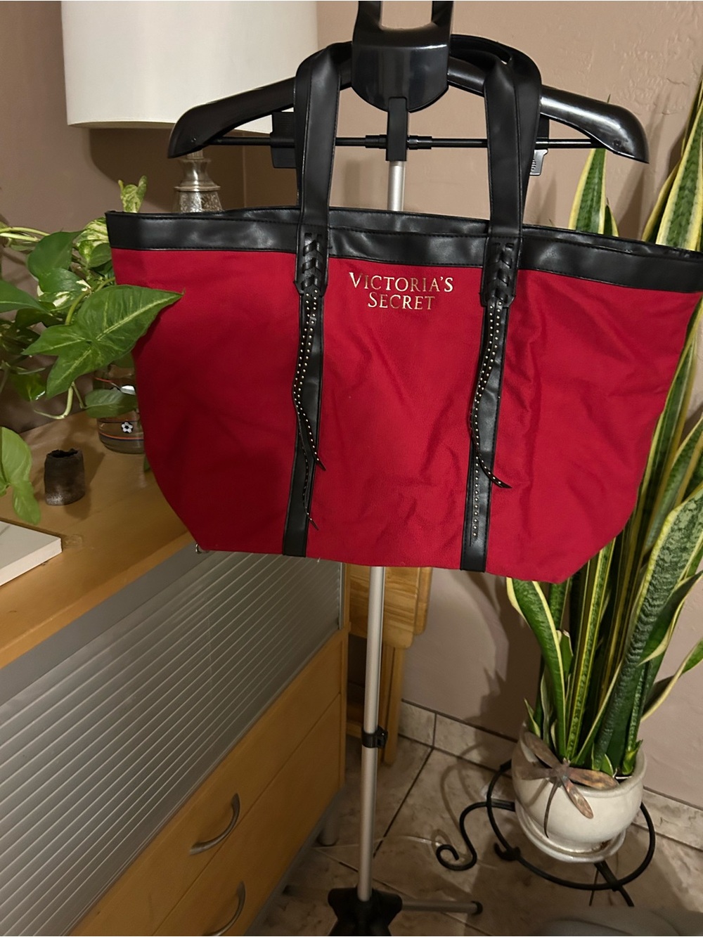 Victoria Secret Red Canvas Tote Bag with Black Trim
